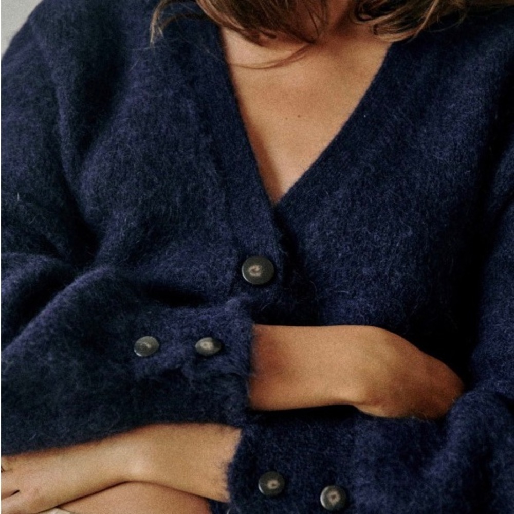 Sezane Navy Blue Fuzzy Button Cardigan - Picture 3 of 7